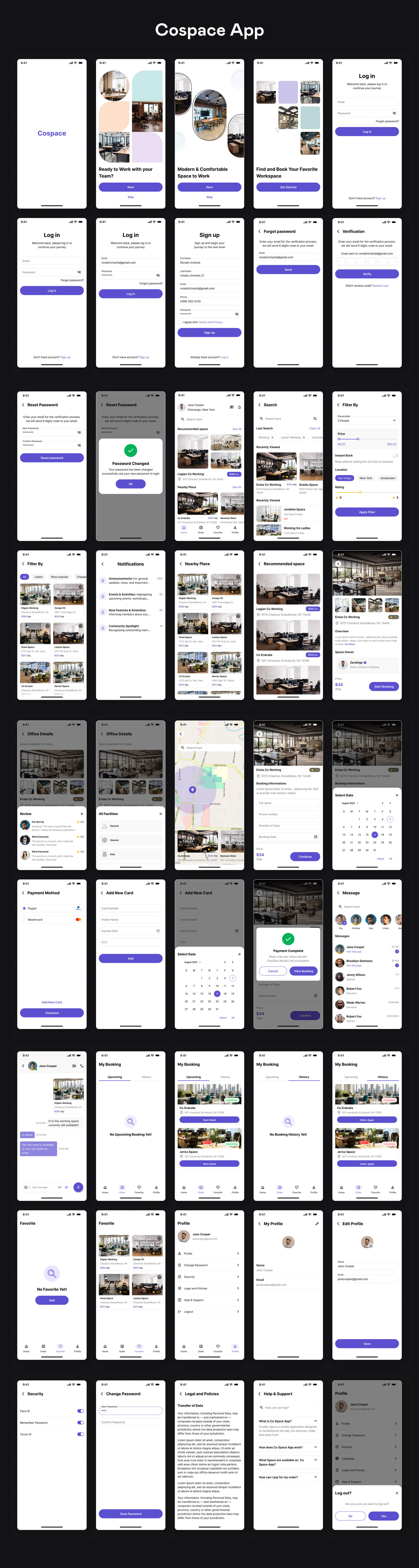 Spaces — full coworking and meeting room app UI kit overview