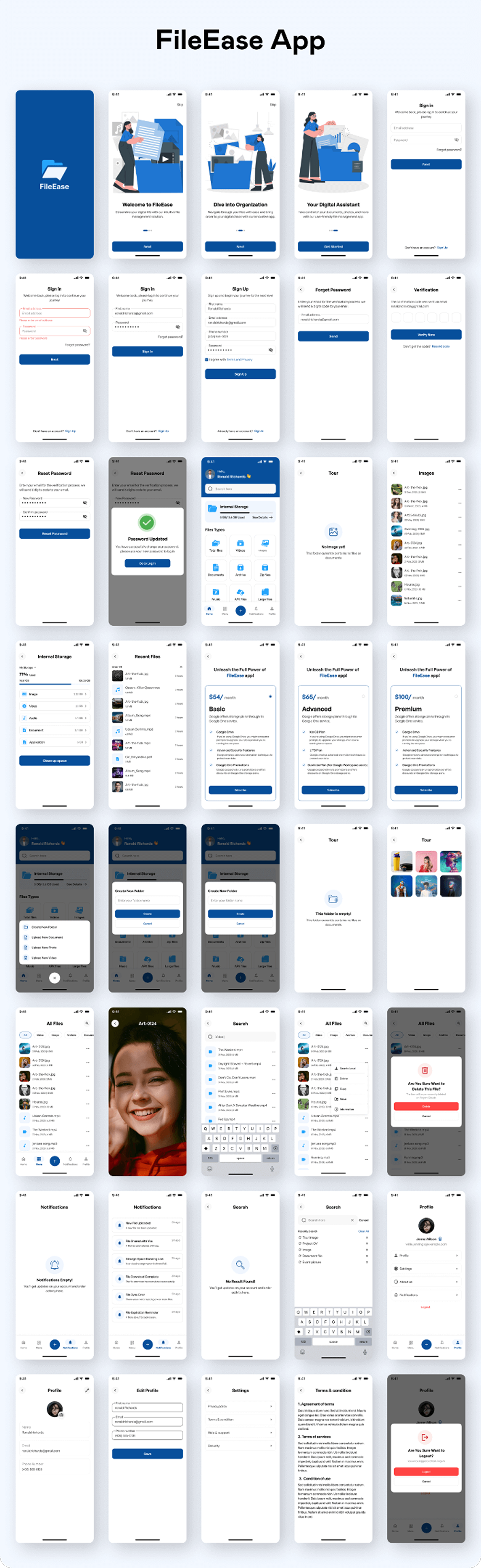 FileEase — full cloud file management app UI kit overview