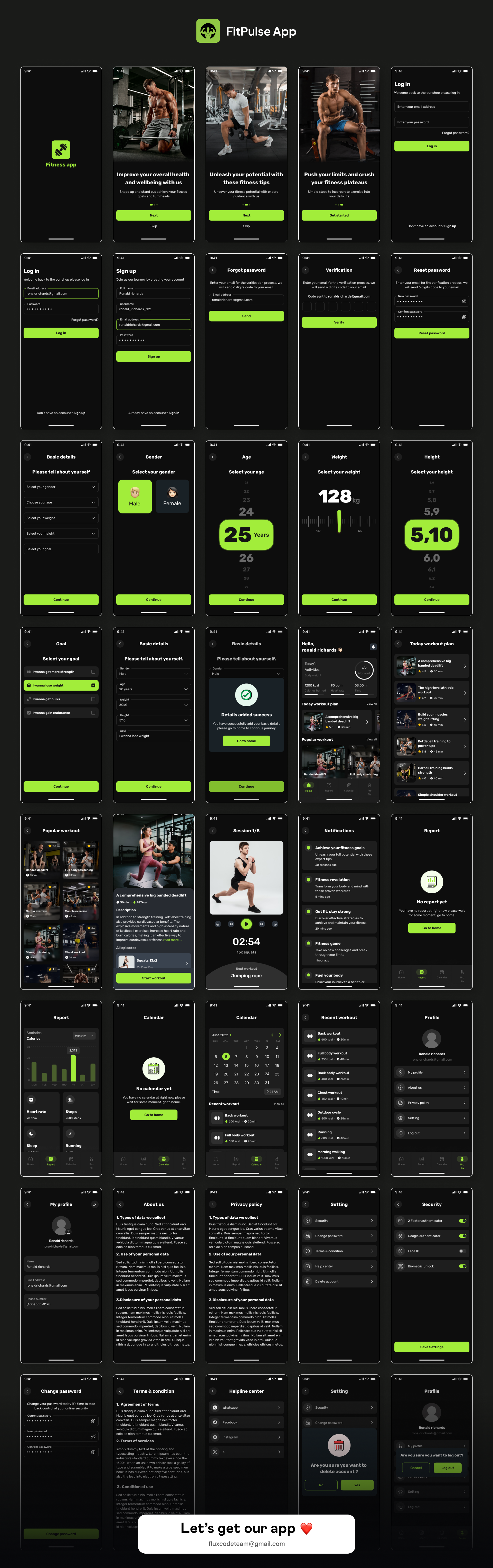 FitPulse — full fitness app UI kit overview