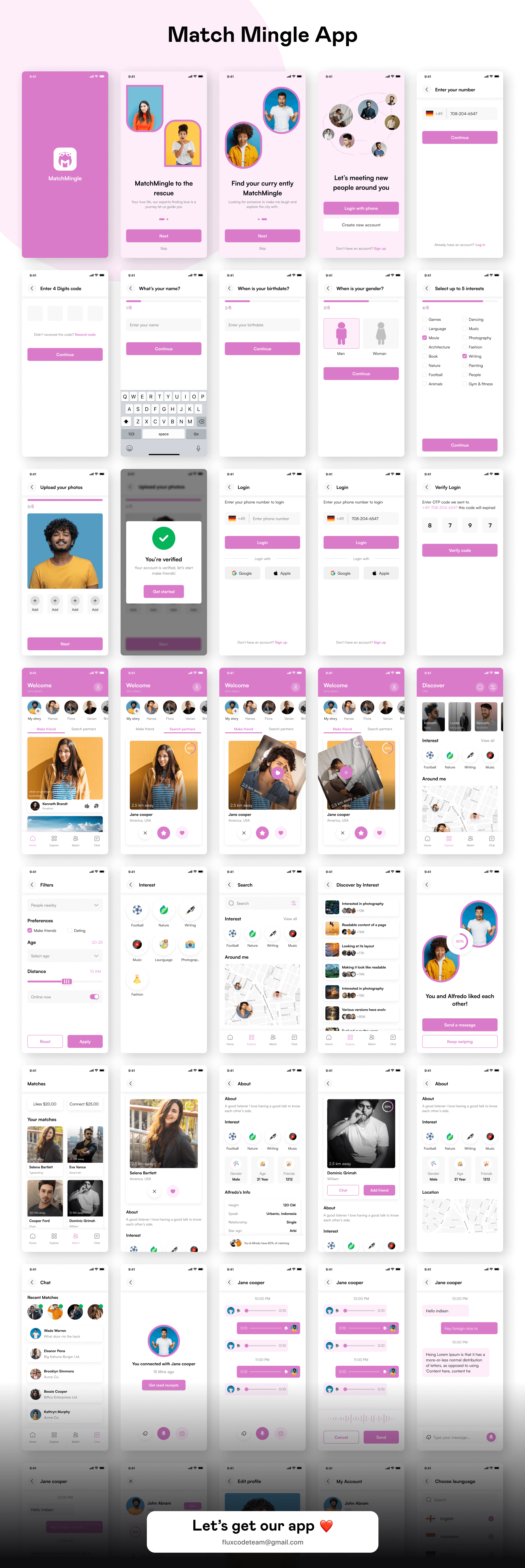 MatchMaker — full light mode dating app UI kit overview