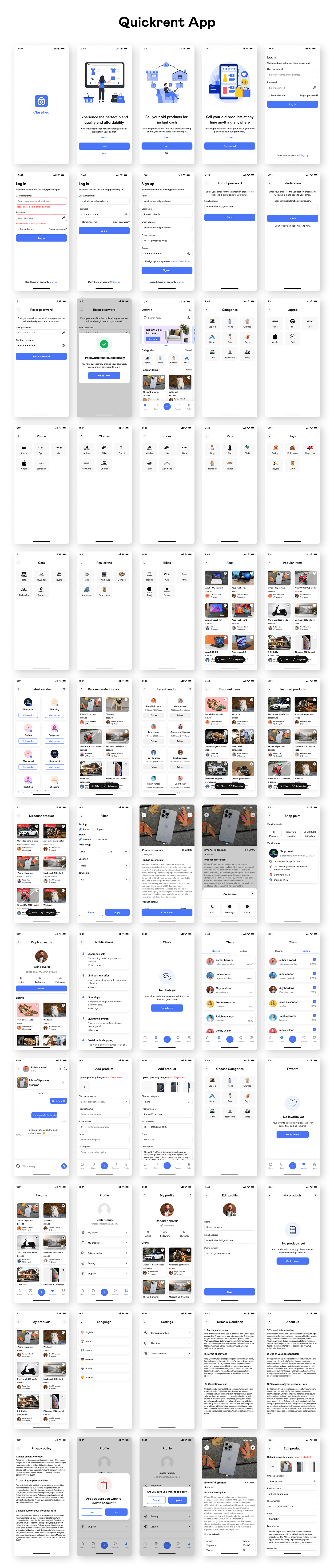 Quikrr Flutter app — all screens light mode overview