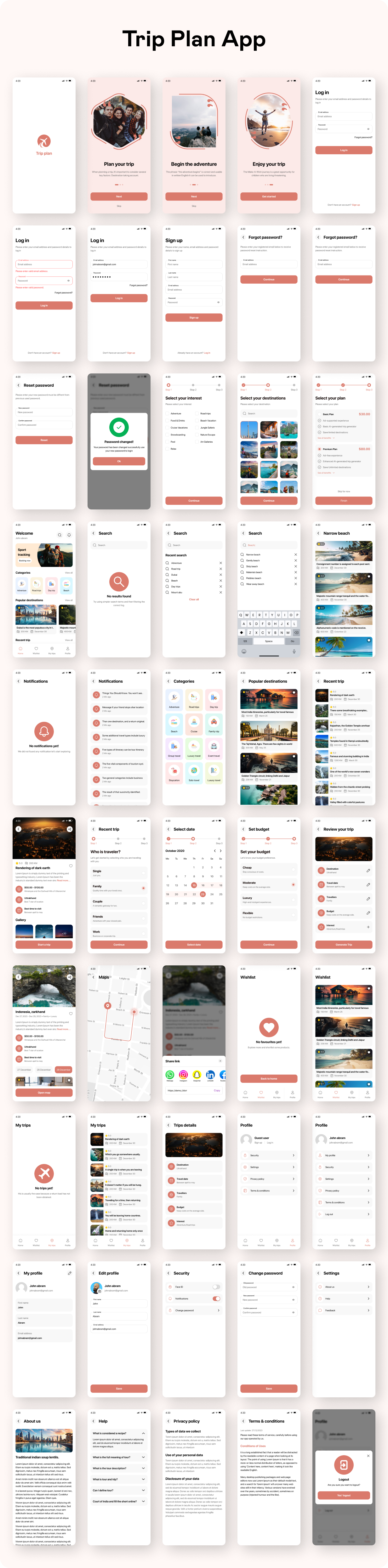 TourAI Trip Plan App — full light mode UI kit overview with 55+ screens